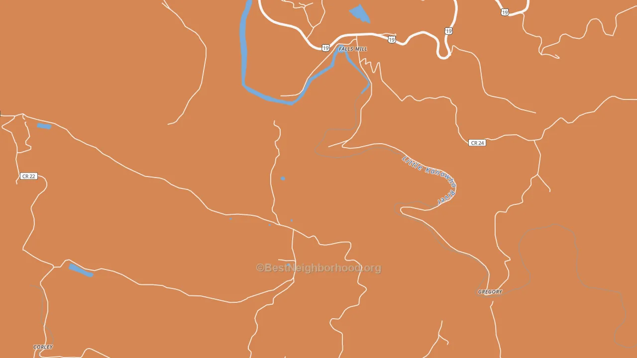 Map of the best neighborhoods in the Falls Mill area, with better matches in green and worse matches in red