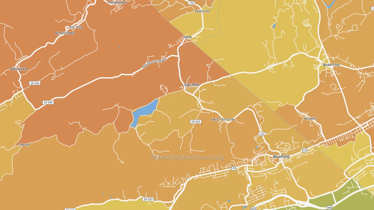 Map of the best neighborhoods in the Falls Mills area, with better matches in green and worse matches in red