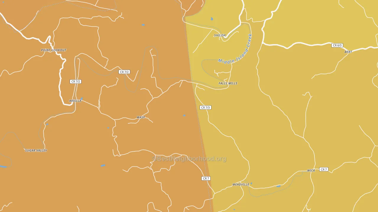 Map of the best neighborhoods in the Falls Mills area, with better matches in green and worse matches in red
