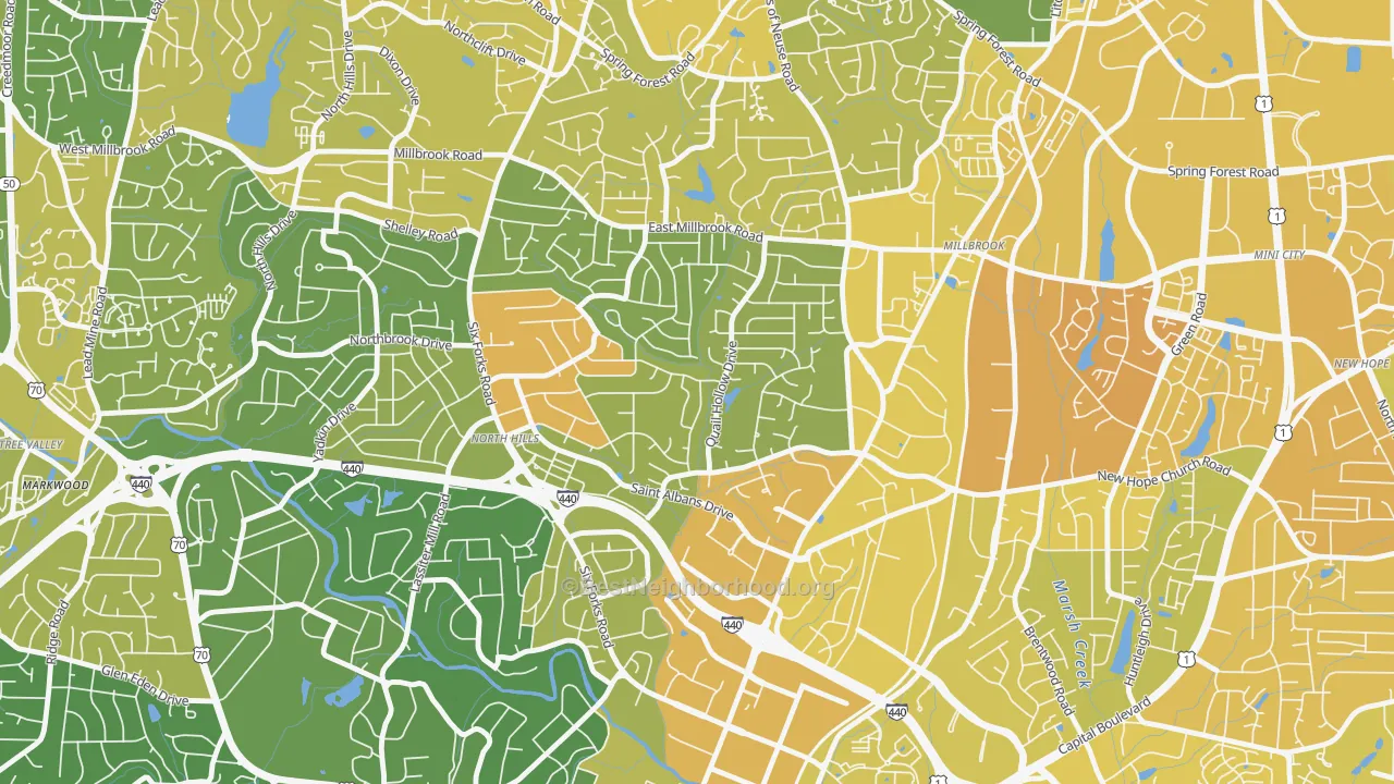 Map of the best neighborhoods in the Falls of Neuse, Raleigh area, with better matches in green and worse matches in red