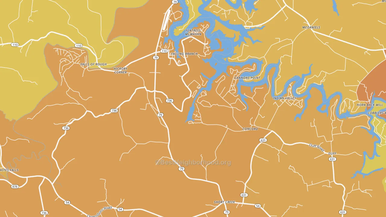Map of the best neighborhoods in the Falls Of Rough area, with better matches in green and worse matches in red