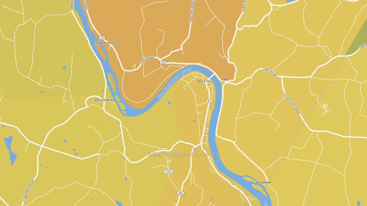 Map of the best neighborhoods in the Falls area, with better matches in green and worse matches in red