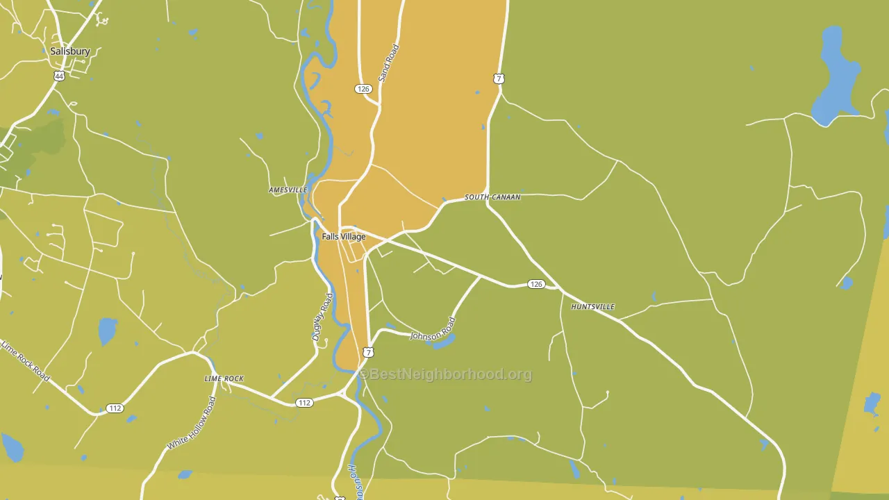 Map of the best neighborhoods in the Falls Village area, with better matches in green and worse matches in red