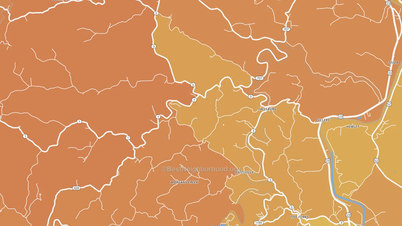 Map of the best neighborhoods in the Fallsburg area, with better matches in green and worse matches in red