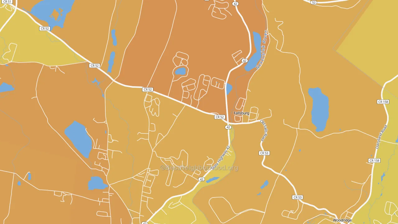 Map of the best neighborhoods in the Fallsburg area, with better matches in green and worse matches in red