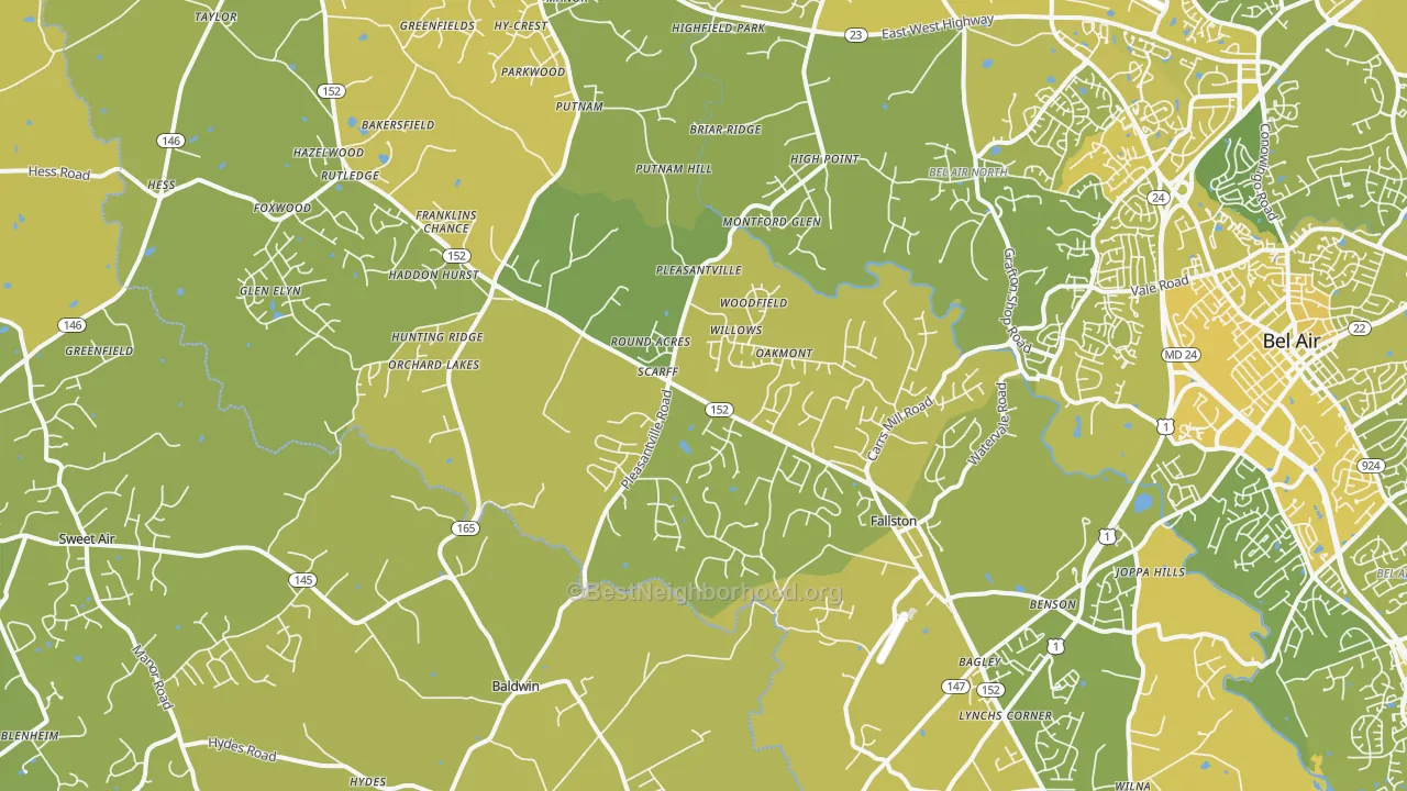 Map of the best neighborhoods in the Fallston area, with better matches in green and worse matches in red