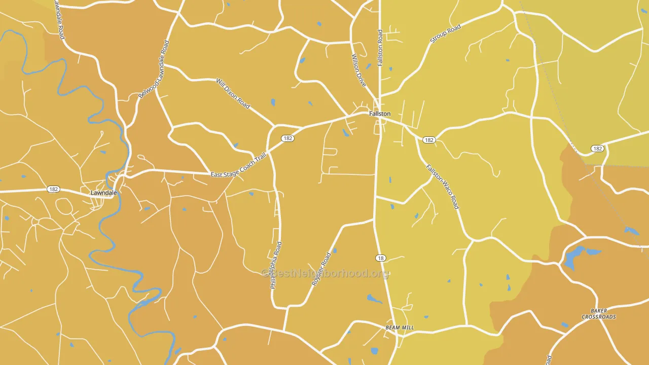 Map of the best neighborhoods in the Fallston area, with better matches in green and worse matches in red