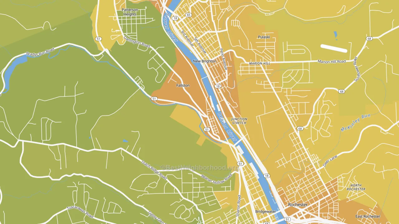 Map of the best neighborhoods in the Fallston area, with better matches in green and worse matches in red