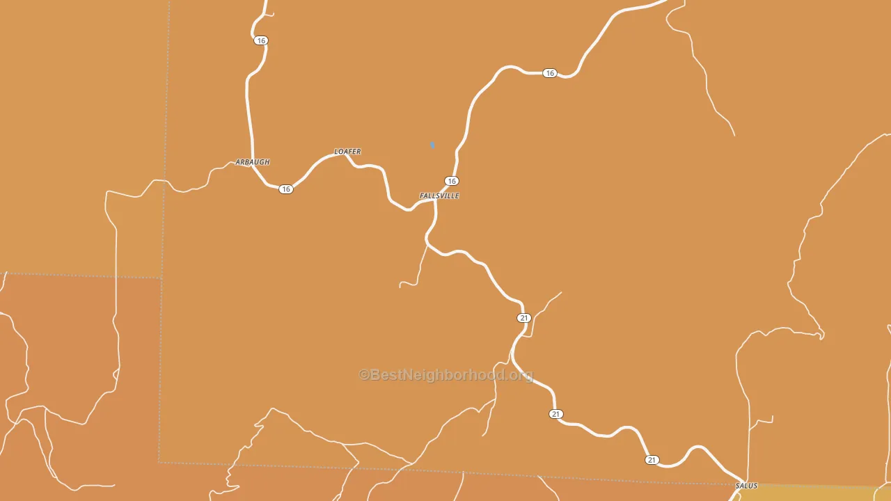 Map of the best neighborhoods in the Fallsville area, with better matches in green and worse matches in red