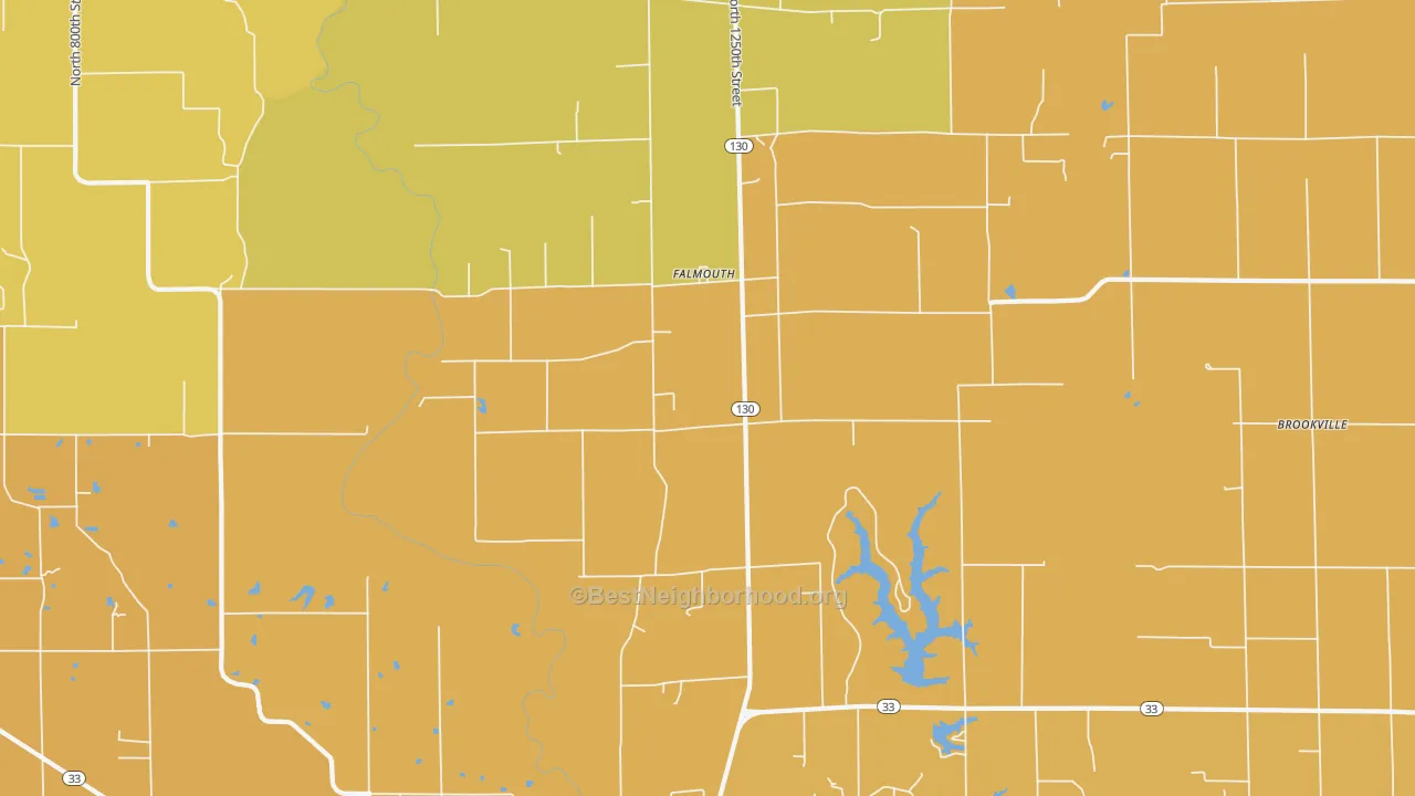 Map of the best neighborhoods in the Falmouth area, with better matches in green and worse matches in red