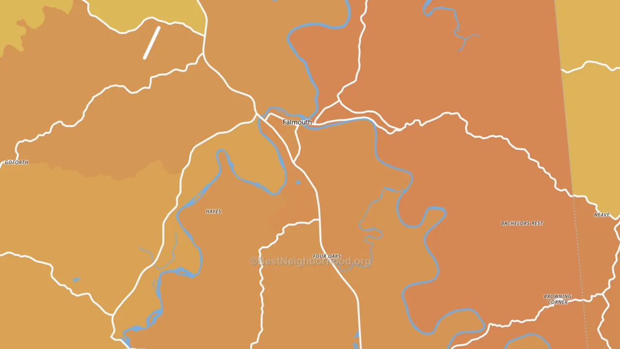 Map of the best neighborhoods in the Falmouth area, with better matches in green and worse matches in red