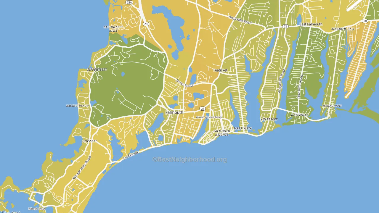 Map of the best neighborhoods in the Falmouth area, with better matches in green and worse matches in red