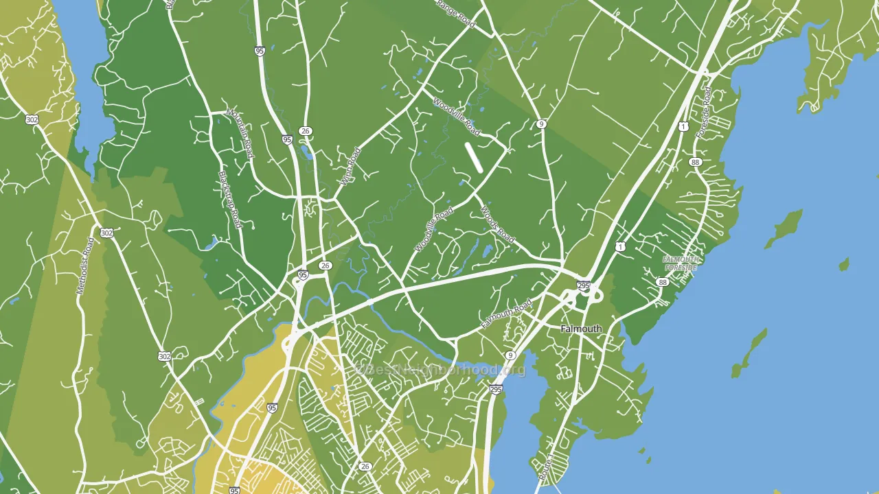 Map of the best neighborhoods in the Falmouth area, with better matches in green and worse matches in red