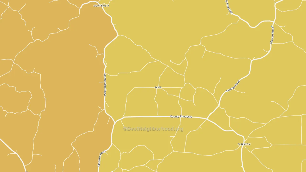 Map of the best neighborhoods in the Fame area, with better matches in green and worse matches in red