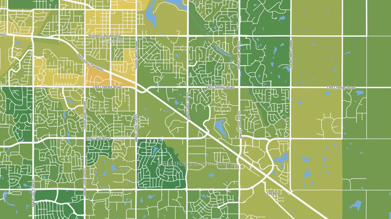 Map of the best neighborhoods in the Family Acres, Lincoln area, with better matches in green and worse matches in red