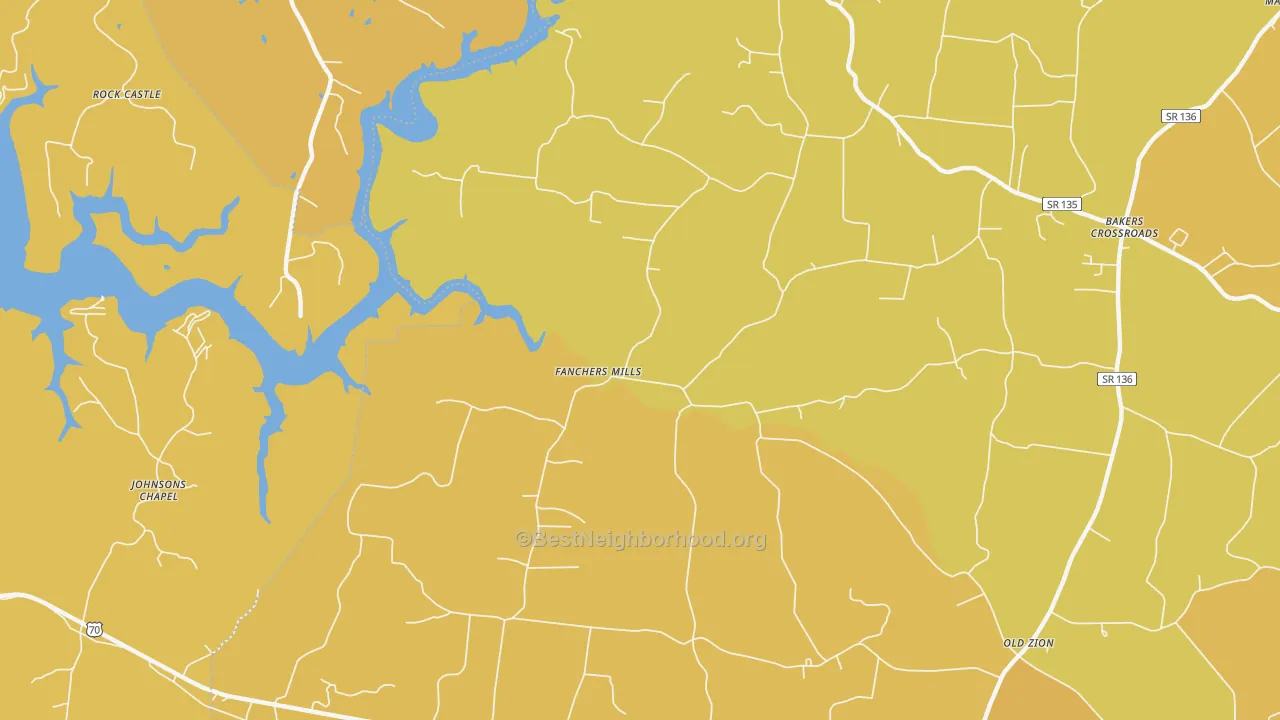 Map of the best neighborhoods in the Fanchers Mills area, with better matches in green and worse matches in red