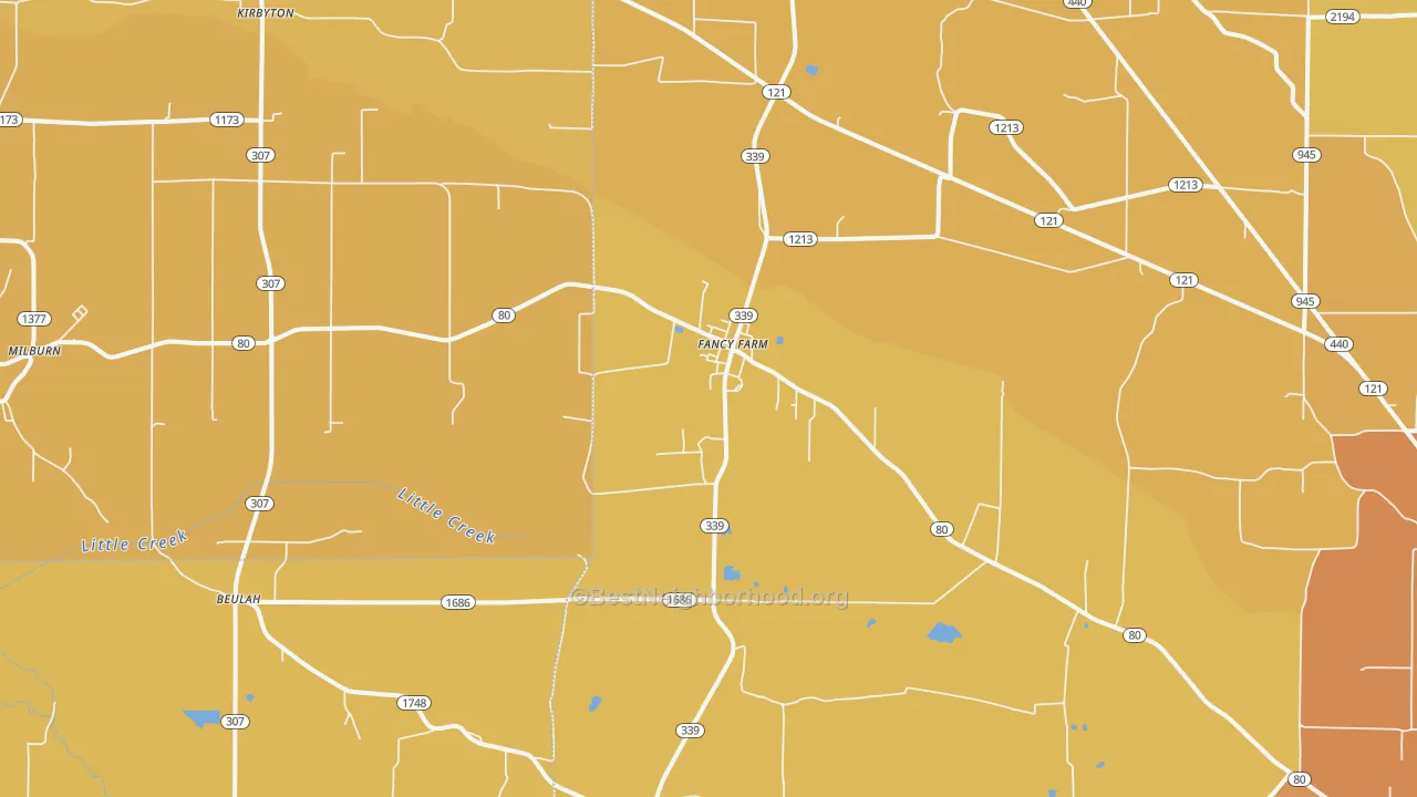 Map of the best neighborhoods in the Fancy Farm area, with better matches in green and worse matches in red