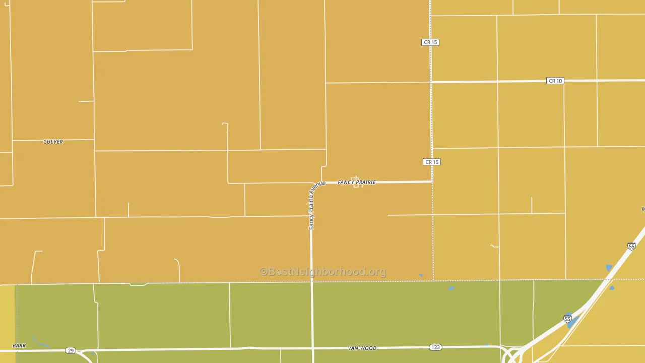 Map of the best neighborhoods in the Fancy Prairie area, with better matches in green and worse matches in red