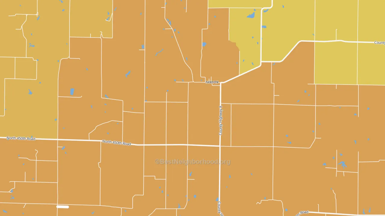 Map of the best neighborhoods in the Fandon area, with better matches in green and worse matches in red