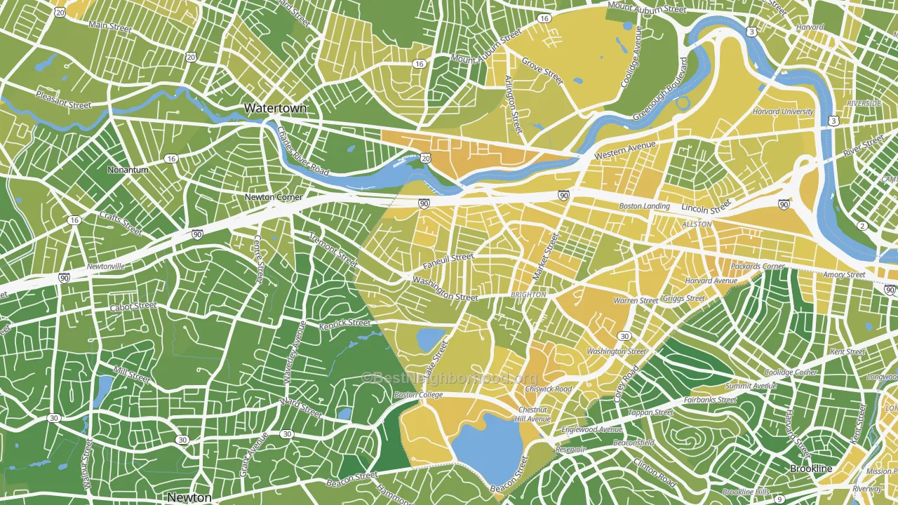Map of the best neighborhoods in the Faneuil, Brighton area, with better matches in green and worse matches in red