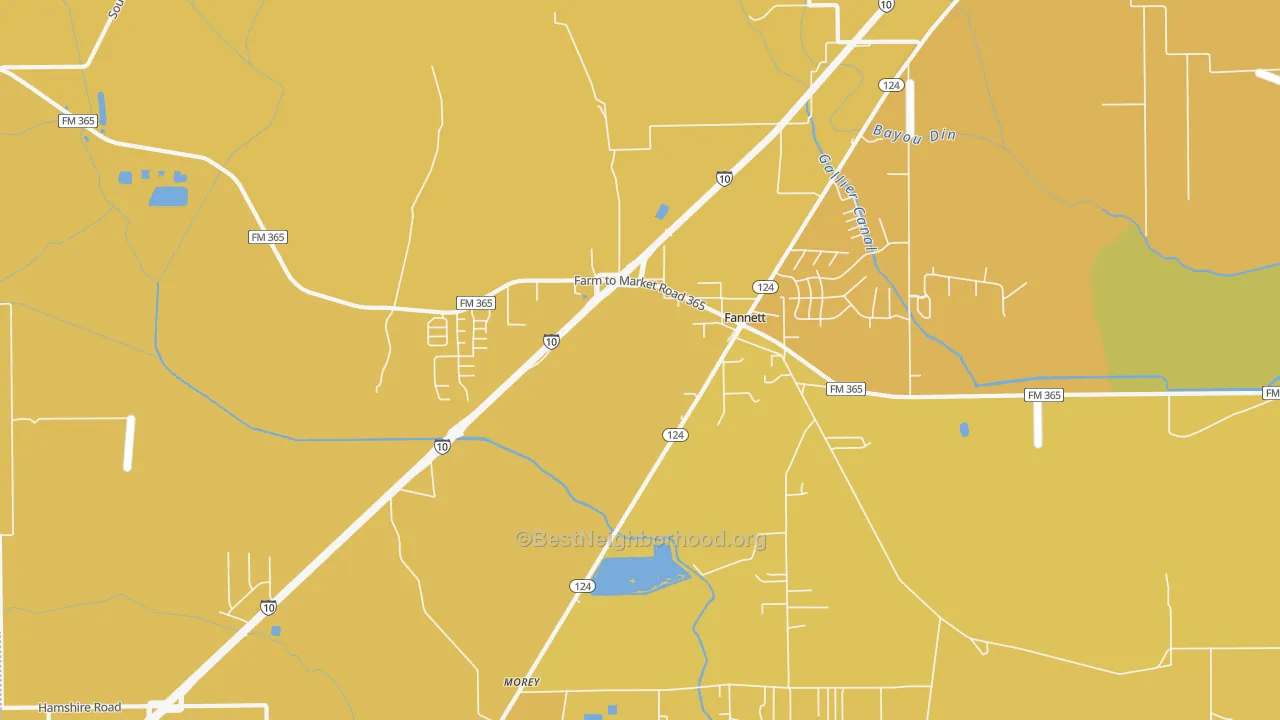 Map of the best neighborhoods in the Fannett area, with better matches in green and worse matches in red