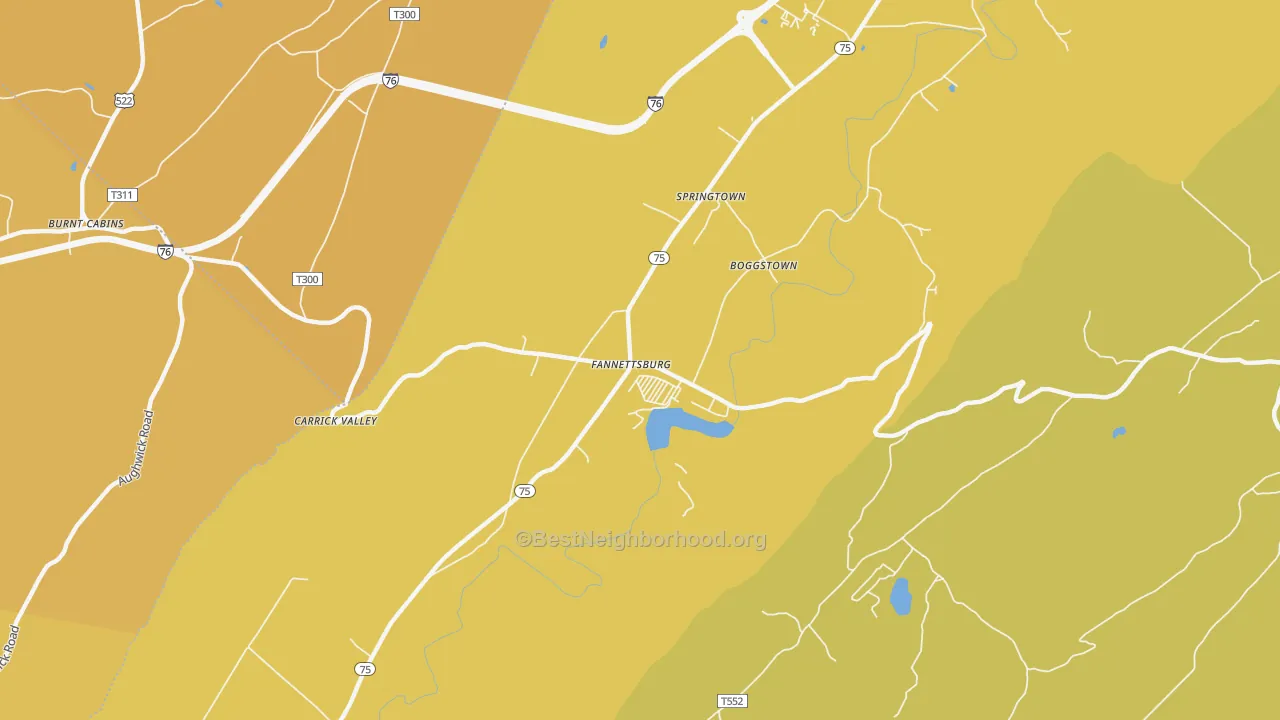Map of the best neighborhoods in the Fannettsburg area, with better matches in green and worse matches in red