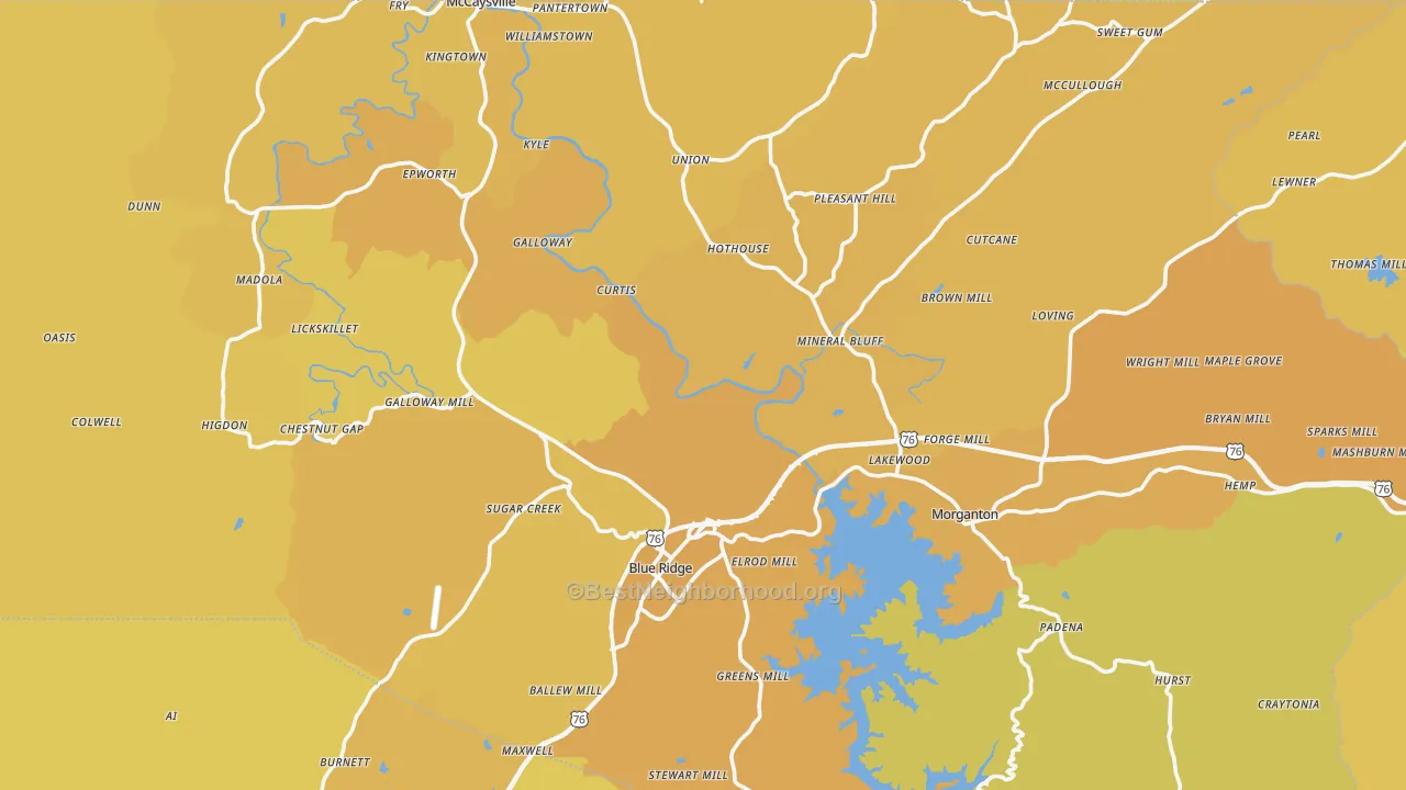Map of the best neighborhoods in the Fannin County area, with better matches in green and worse matches in red