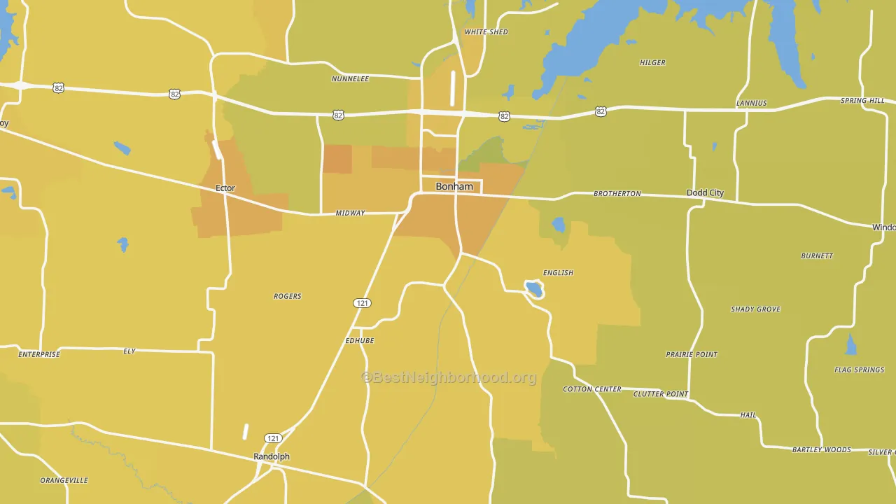 Map of the best neighborhoods in the Fannin County area, with better matches in green and worse matches in red