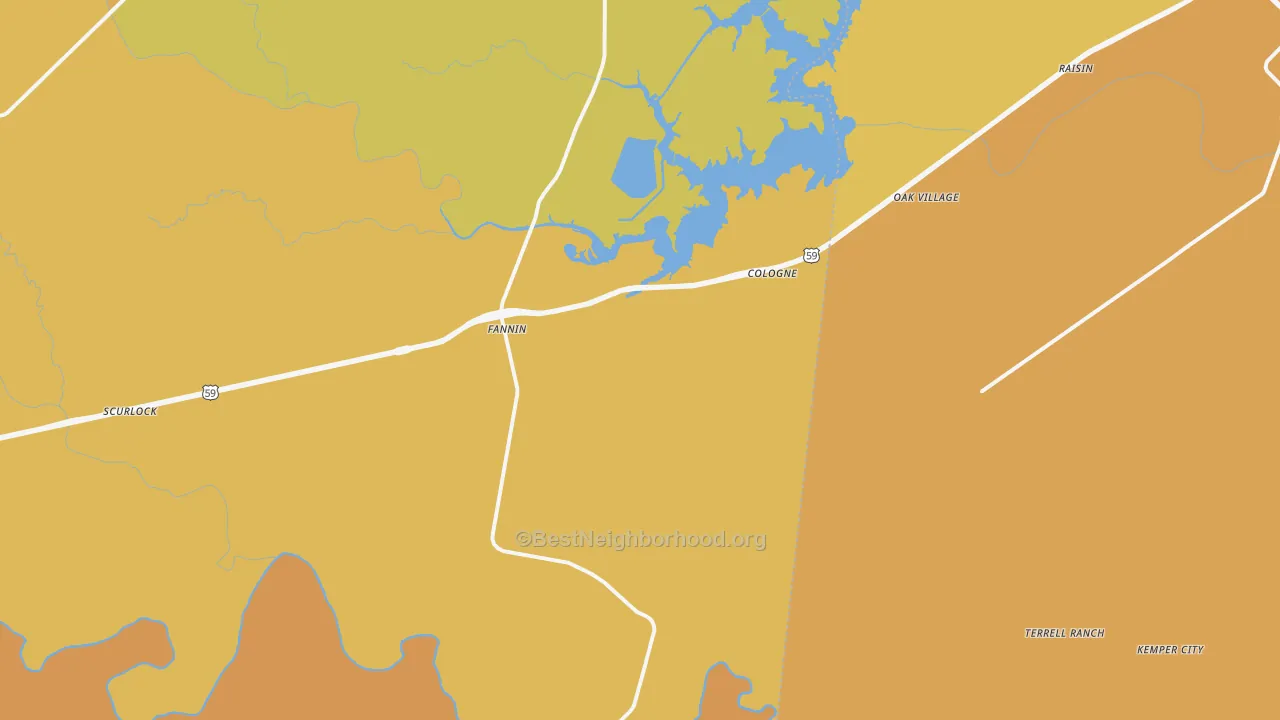 Map of the best neighborhoods in the Fannin area, with better matches in green and worse matches in red