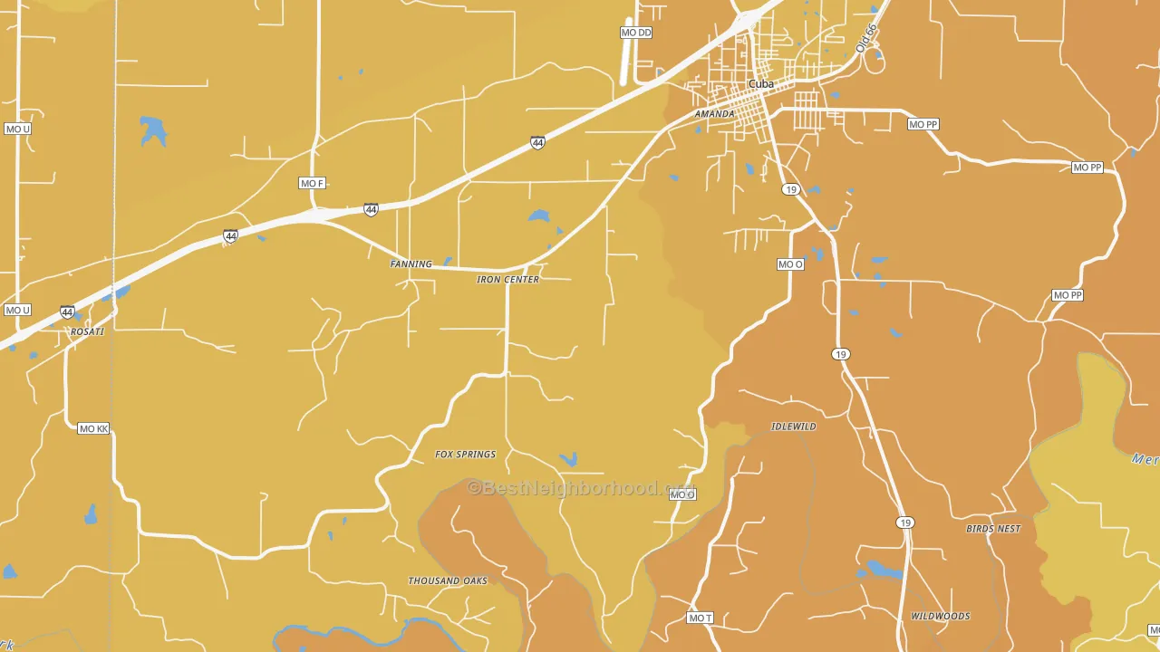 Map of the best neighborhoods in the Fanning area, with better matches in green and worse matches in red