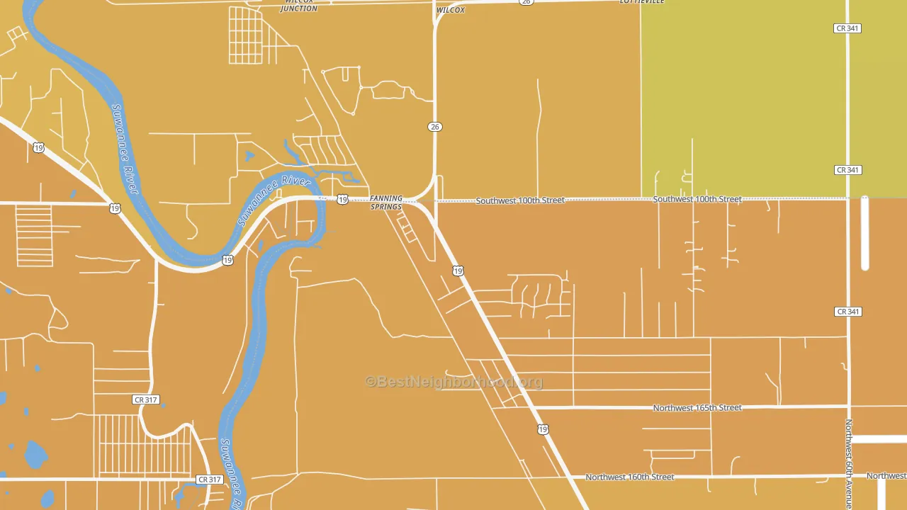 Map of the best neighborhoods in the Fanning Springs area, with better matches in green and worse matches in red