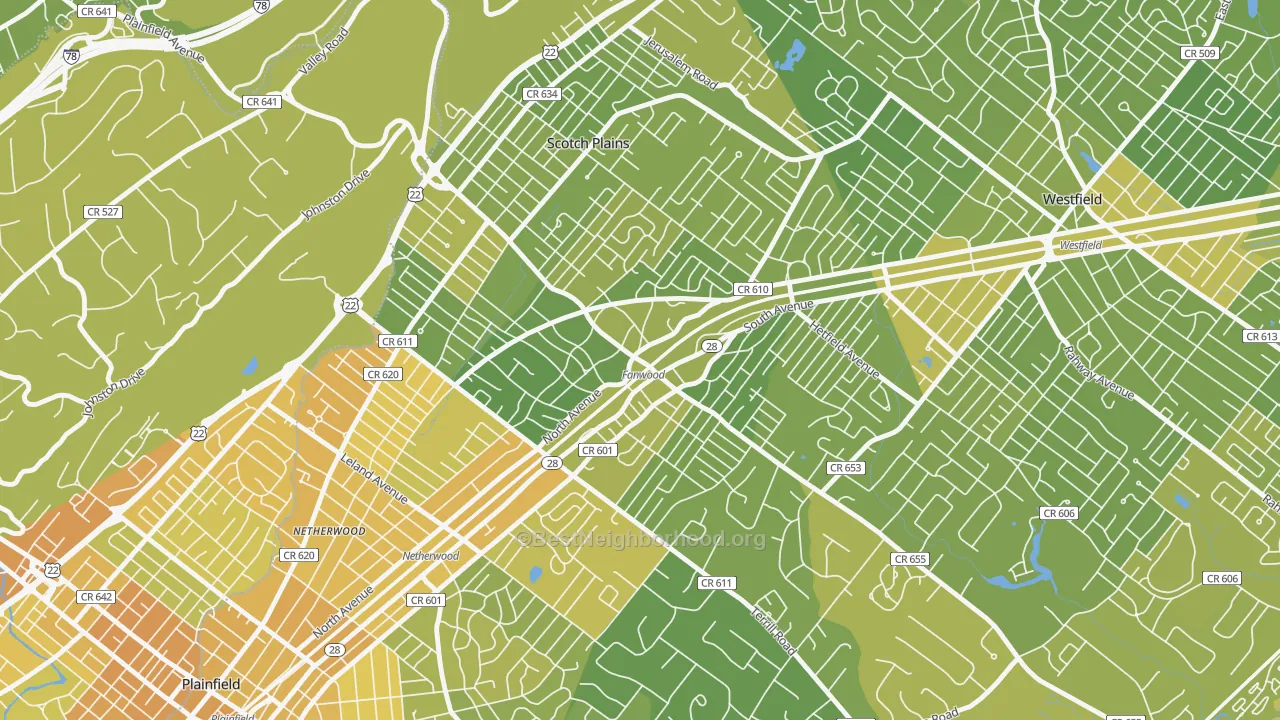 Map of the best neighborhoods in the Fanwood area, with better matches in green and worse matches in red