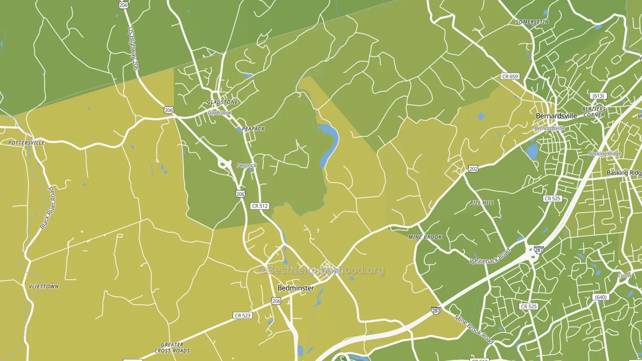 Map of the best neighborhoods in the Far Hills area, with better matches in green and worse matches in red