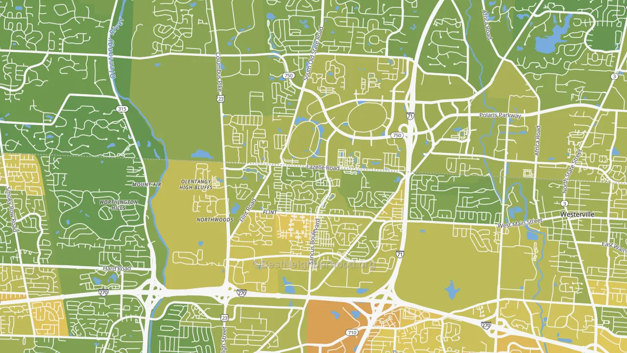 Map of the best neighborhoods in the Far North, Columbus area, with better matches in green and worse matches in red