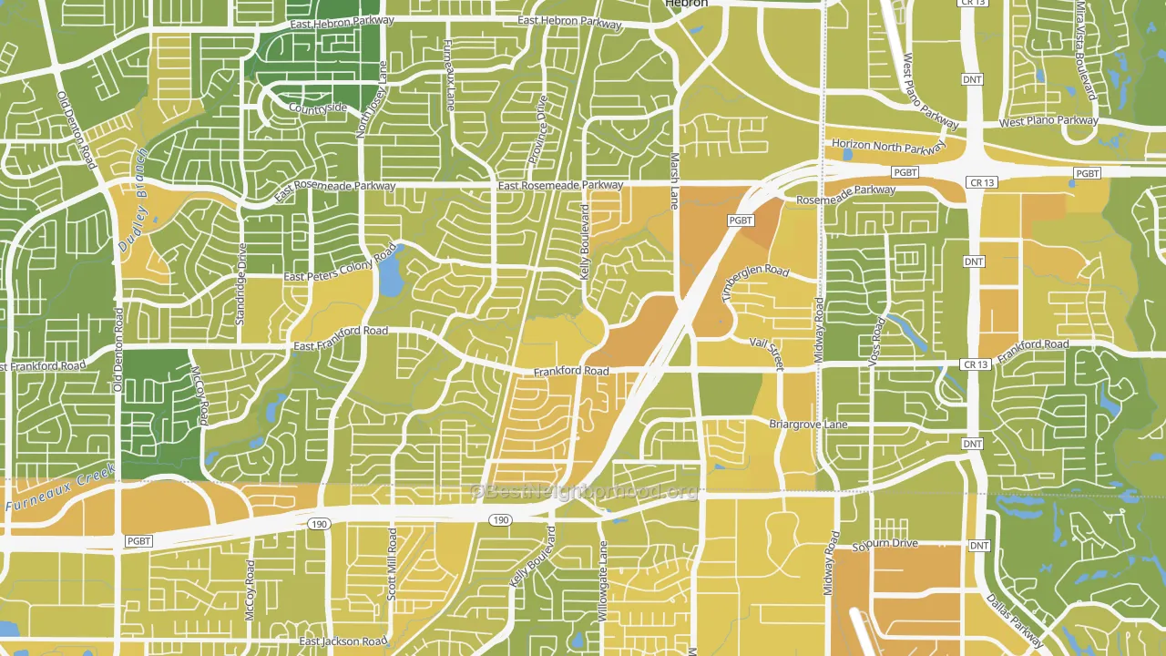 Map of the best neighborhoods in the Far North Dallas-Carrollton, Carrollton area, with better matches in green and worse matches in red