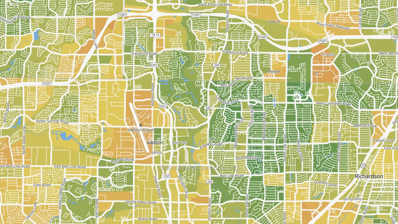 Map of the best neighborhoods in the Far North Dallas, Dallas area, with better matches in green and worse matches in red