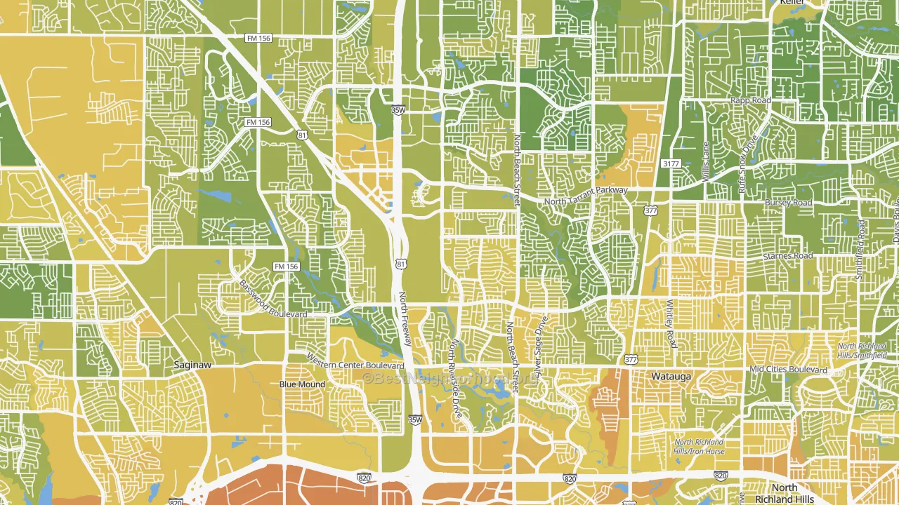 Map of the best neighborhoods in the Far North Dallas-Fort Worth, Fort Worth area, with better matches in green and worse matches in red
