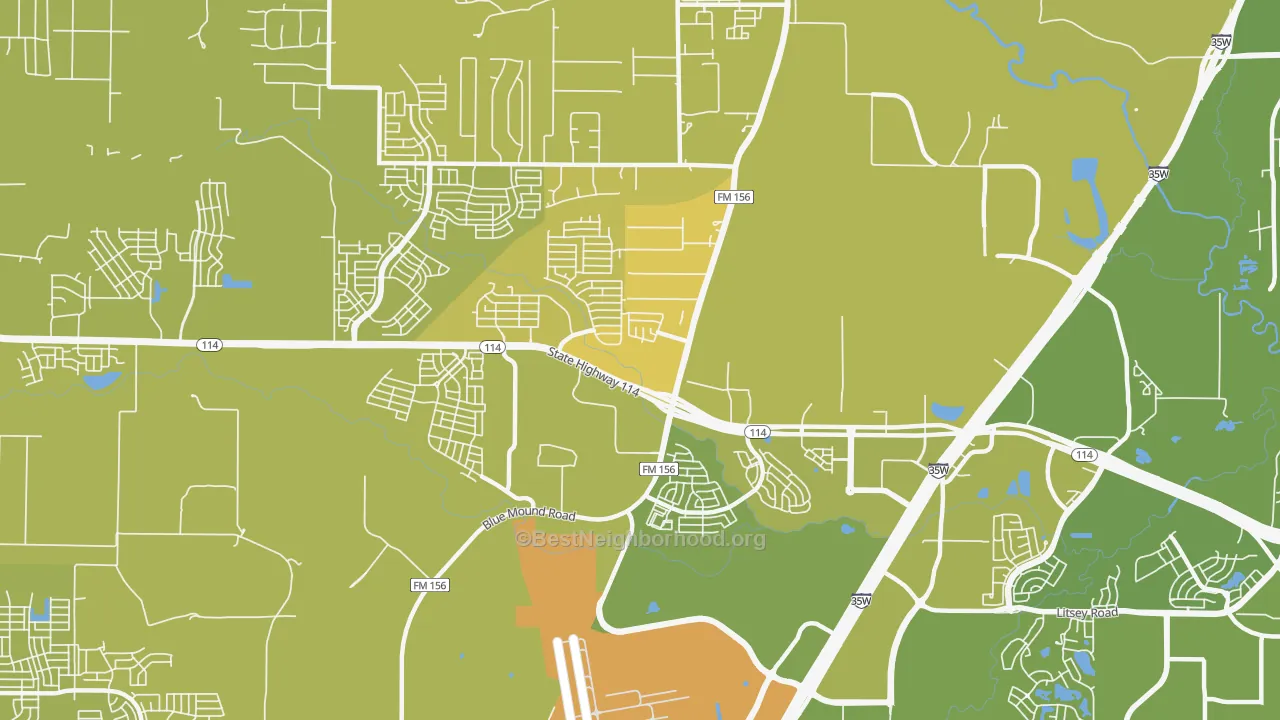Map of the best neighborhoods in the Far North Dallas-Justin, Justin area, with better matches in green and worse matches in red