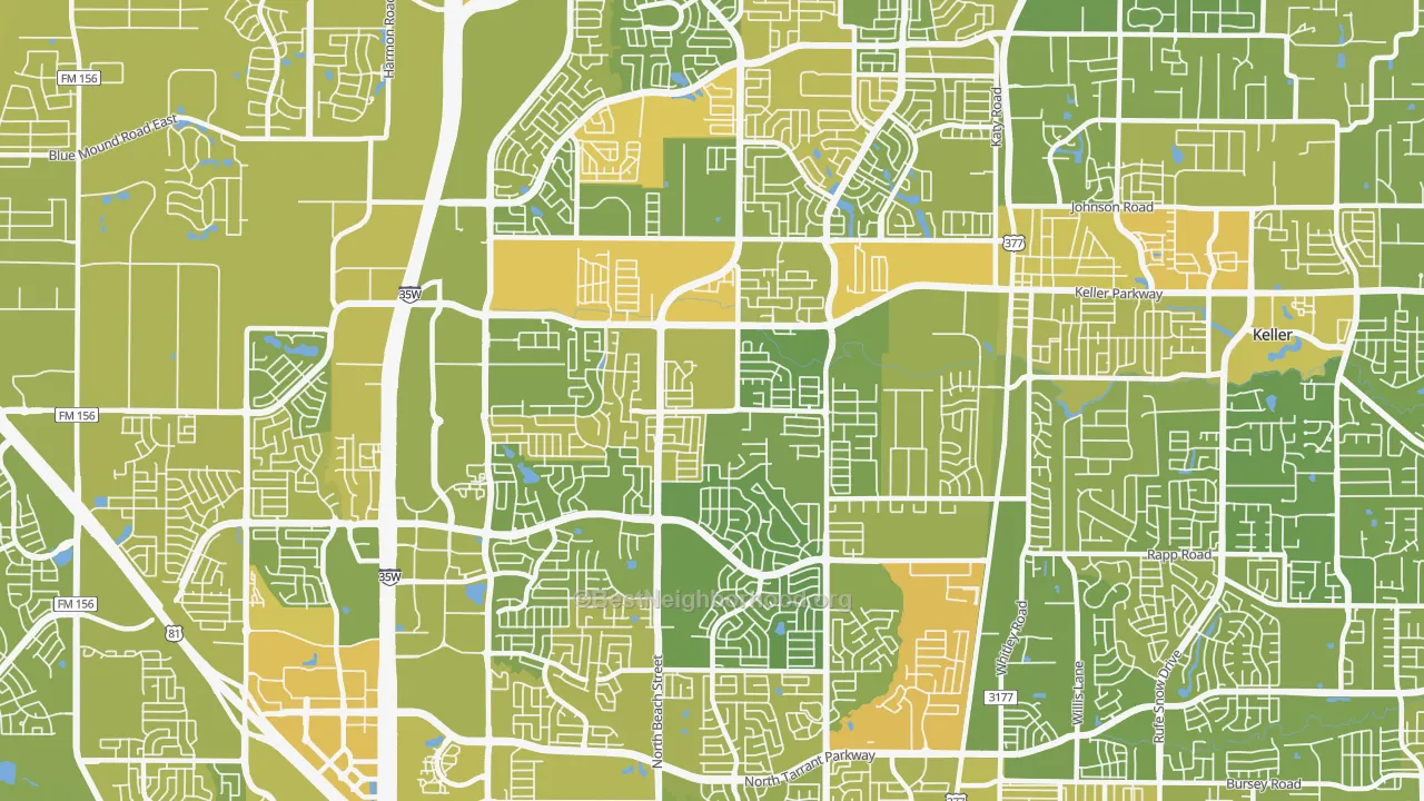 Map of the best neighborhoods in the Far North Dallas-Keller, Keller area, with better matches in green and worse matches in red