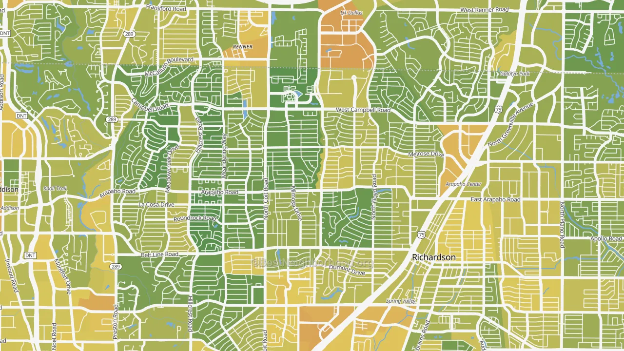 Map of the best neighborhoods in the Far North Dallas-Richardson, Richardson area, with better matches in green and worse matches in red