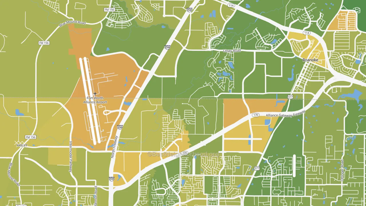 Map of the best neighborhoods in the Far North Dallas-Roanoke, Roanoke area, with better matches in green and worse matches in red