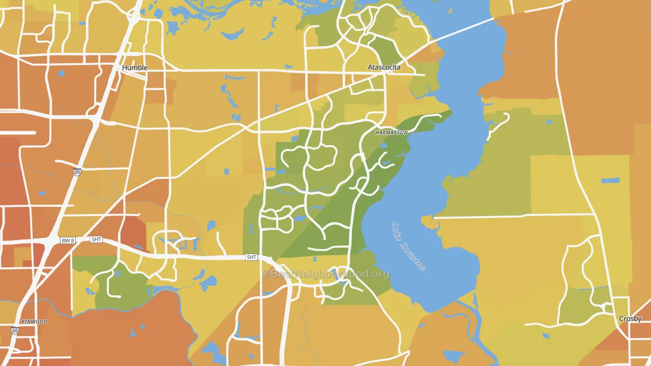 Map of the best neighborhoods in the Far Northeast-Houston, Houston area, with better matches in green and worse matches in red