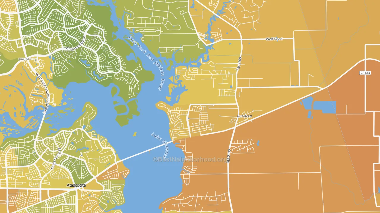 Map of the best neighborhoods in the Far Northeast-Huffman, Huffman area, with better matches in green and worse matches in red