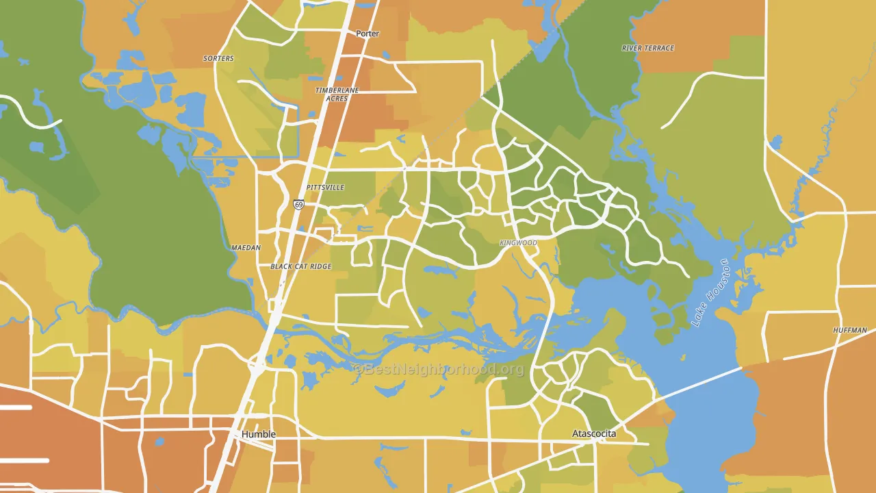 Map of the best neighborhoods in the Far Northeast, Humble area, with better matches in green and worse matches in red