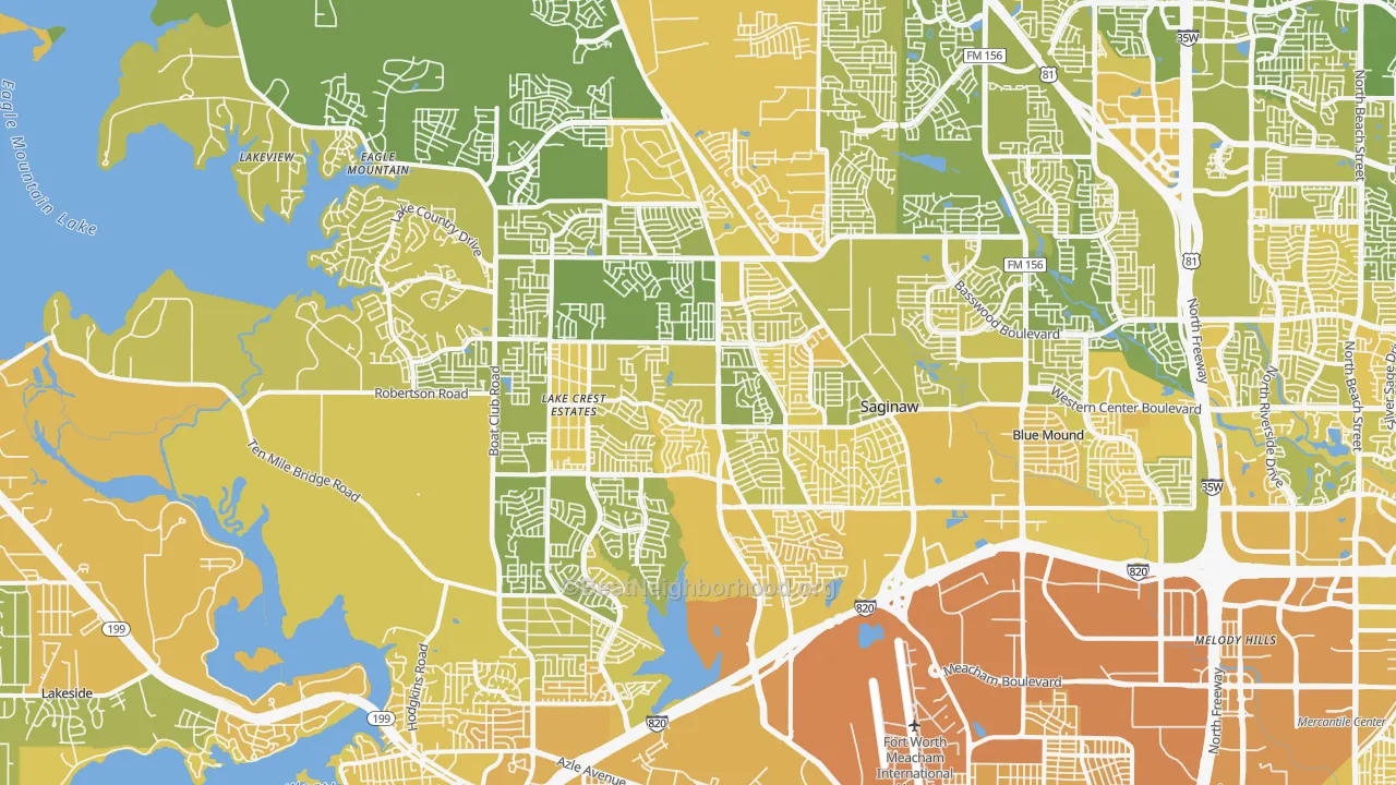 Map of the best neighborhoods in the Far Northwest, Fort Worth area, with better matches in green and worse matches in red