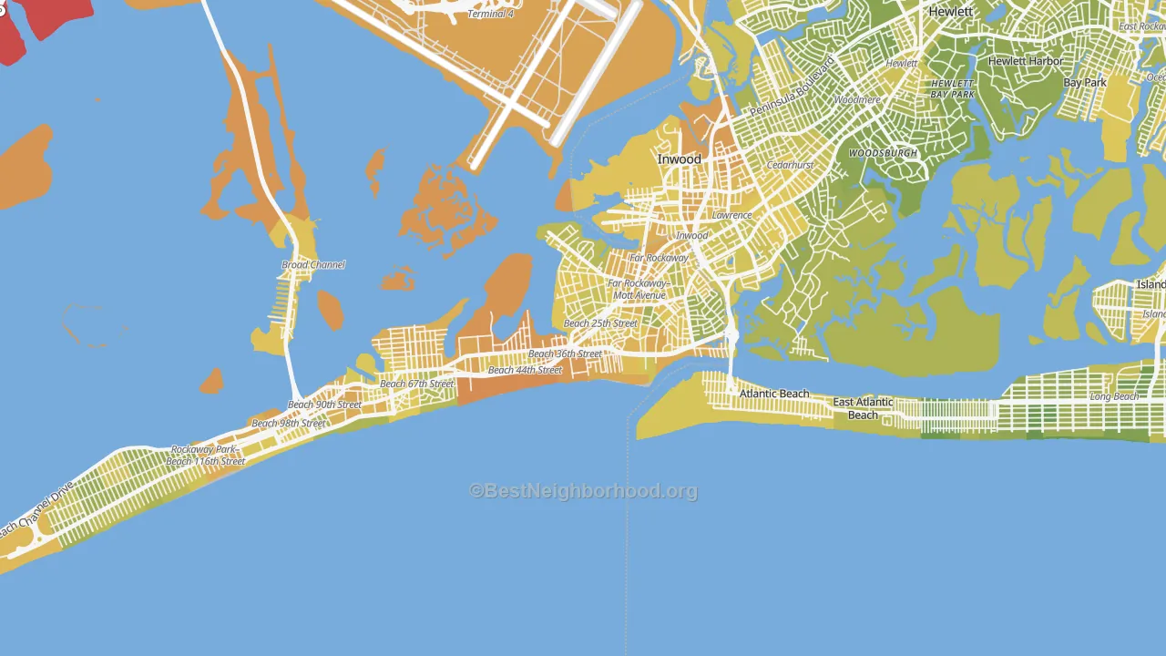 Map of the best neighborhoods in the Far Rockaway, Queens area, with better matches in green and worse matches in red