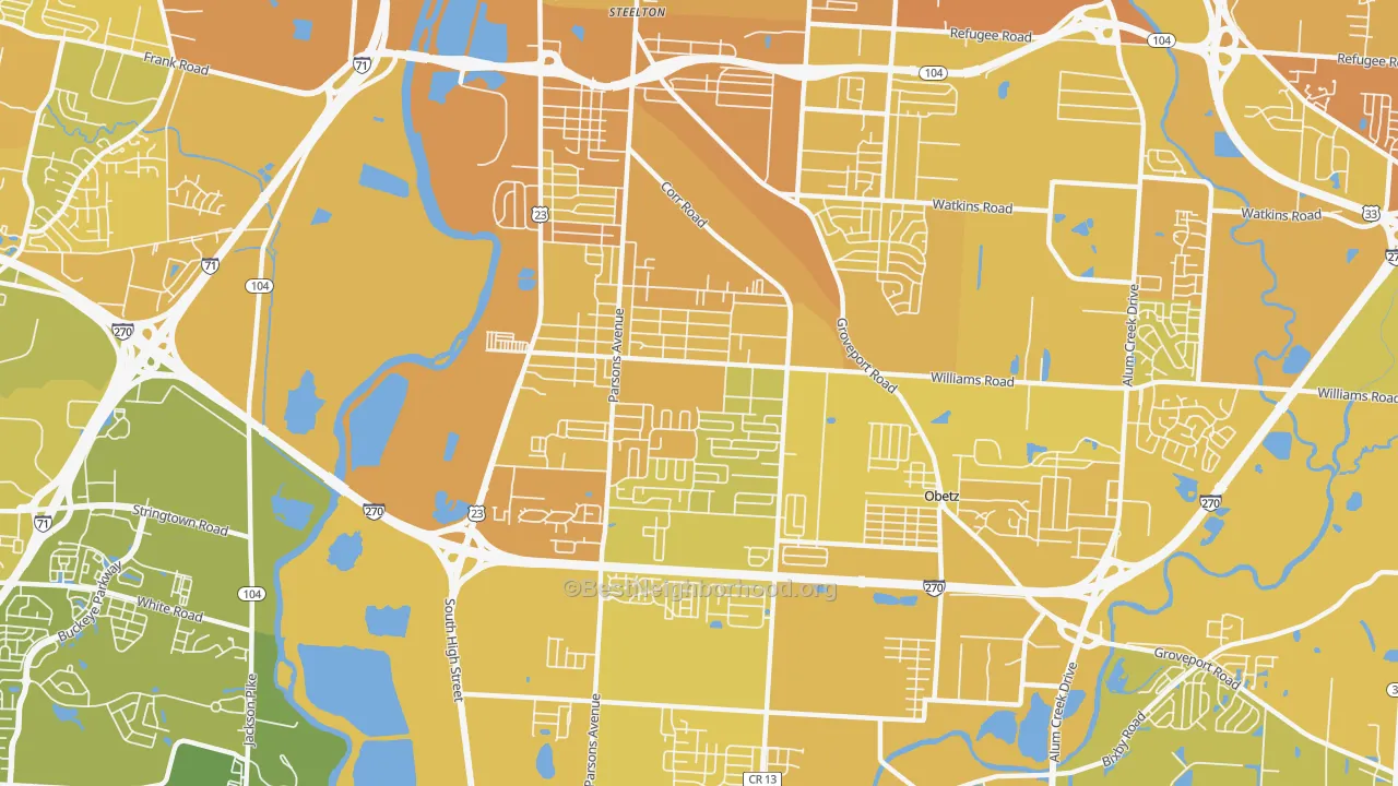 Map of the best neighborhoods in the Far South, Columbus area, with better matches in green and worse matches in red
