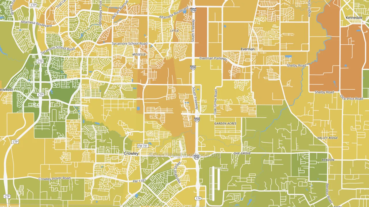 Map of the best neighborhoods in the Far South, Fort Worth area, with better matches in green and worse matches in red