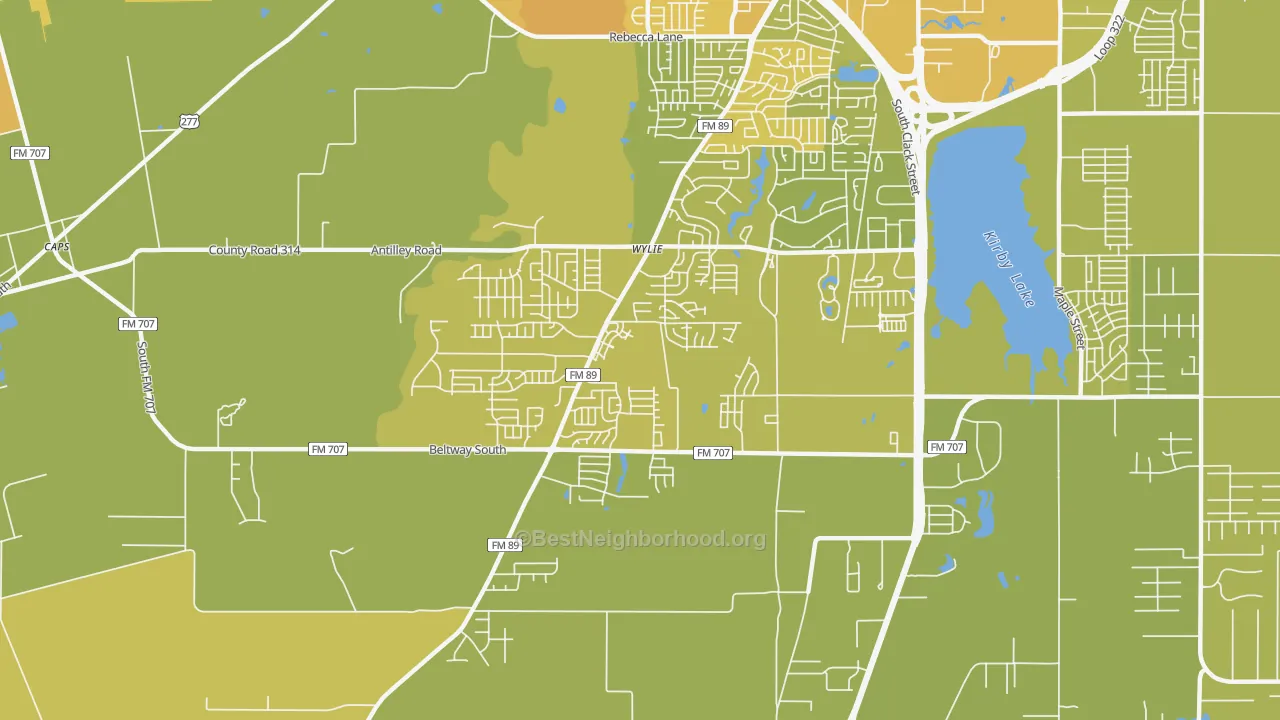 Map of the best neighborhoods in the Far Southside, Abilene area, with better matches in green and worse matches in red
