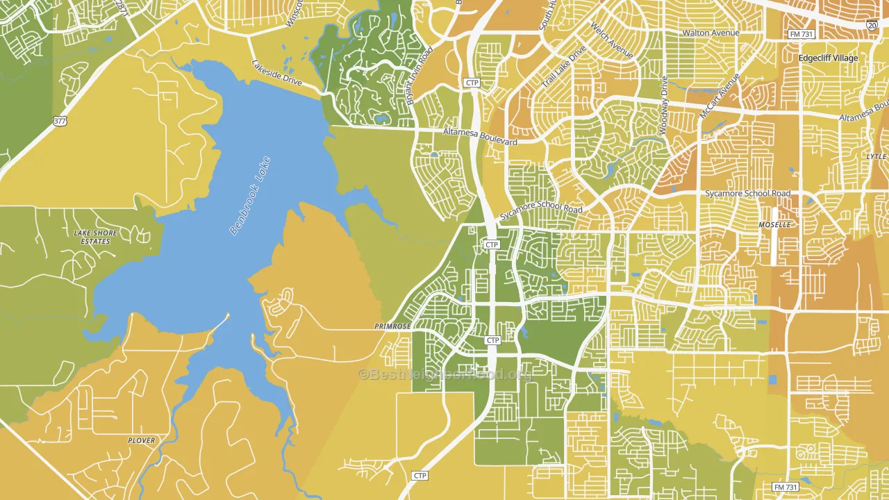 Map of the best neighborhoods in the Far Southwest, Fort Worth area, with better matches in green and worse matches in red